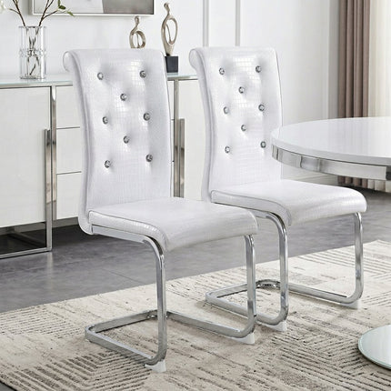 Set of Two White and Silver Faux Leather Dining Side Chairs