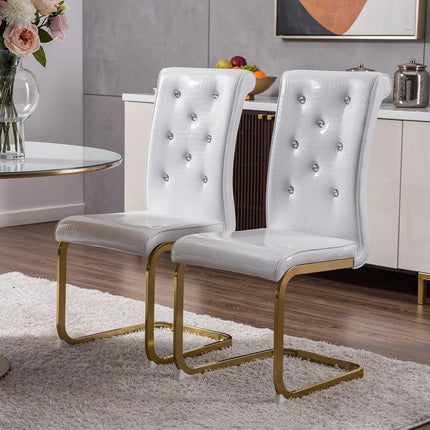 Set of Two White and Gold Faux Leather Dining Side Chairs