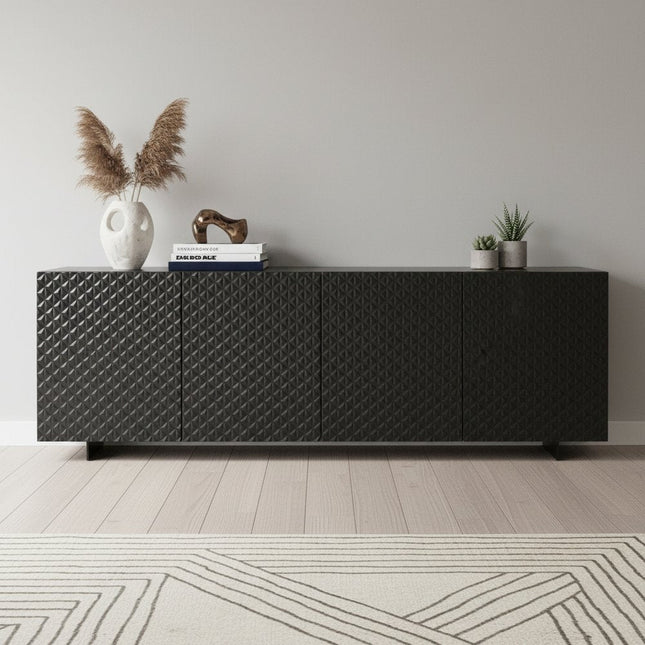 94" Dark Gray Wood Carved Geometric Sideboard With Four Doors HomeRoots