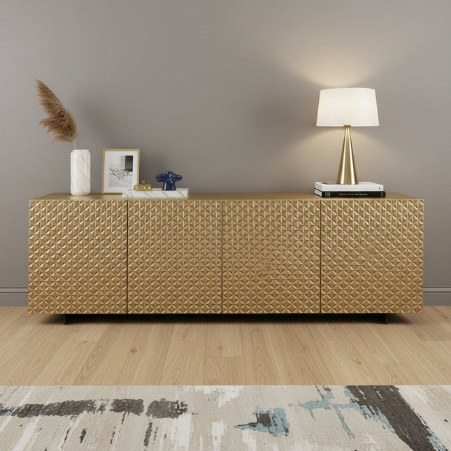 94" Gold Wood Carved Geometric Sideboard With Four Doors HomeRoots