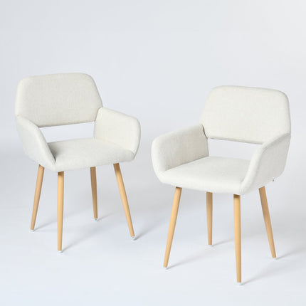 Set of Two Beige and Oak Fabric and Steel Dining Arm Chairs