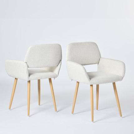 Set of Two Beige and Oak Fabric and Steel Dining Arm Chairs