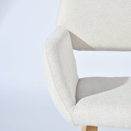Set of Two Beige and Oak Fabric and Steel Dining Arm Chairs