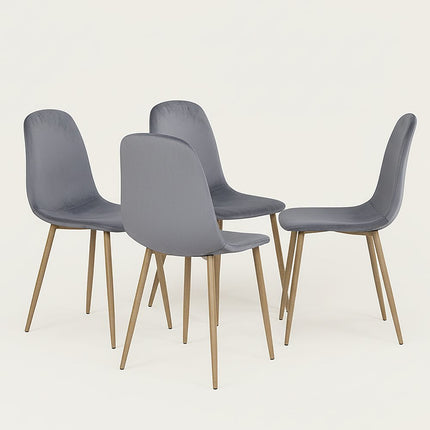 Set of Four Gray and Oak Velvet and Steel Dining Side Chairs