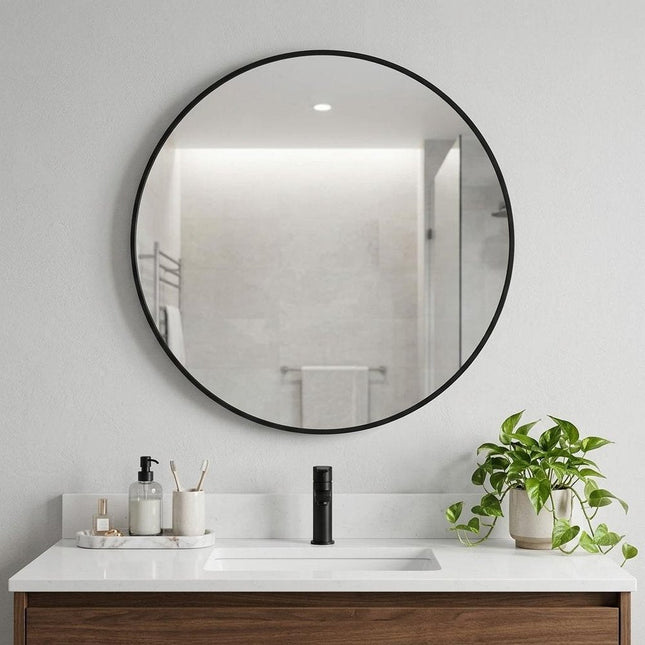 30" Black Metal Round Framed Bathroom Vanity Mirror HomeRoots