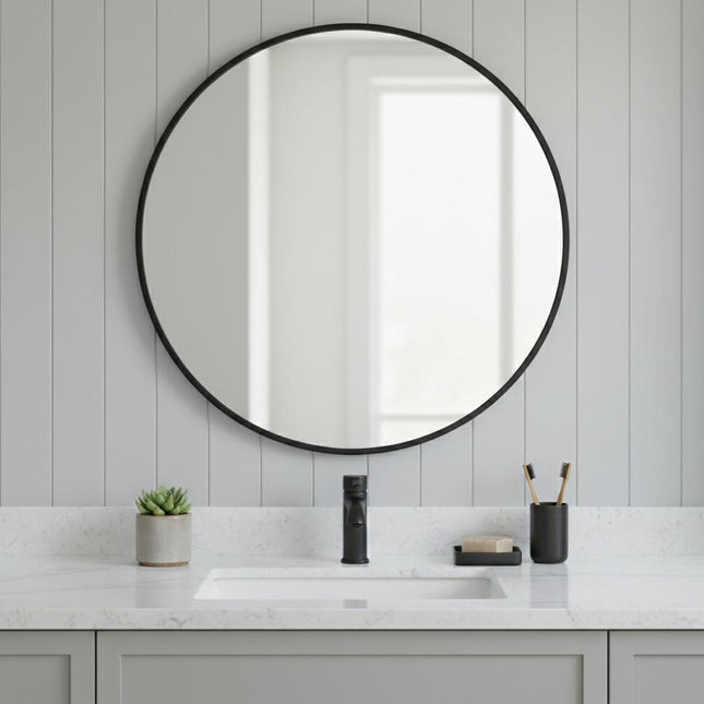 30" Black Metal Round Framed Bathroom Vanity Mirror HomeRoots