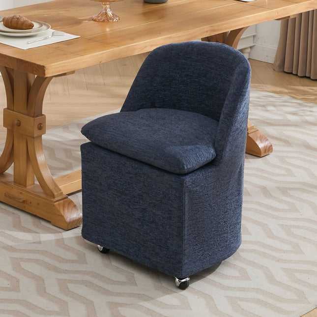 Set of Two Blue Chenille Wing Back Dining Chairs With Wheels HomeRoots
