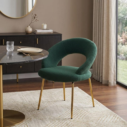 White and Gold Boucle and Metal Curved Back Dining Side Chair
