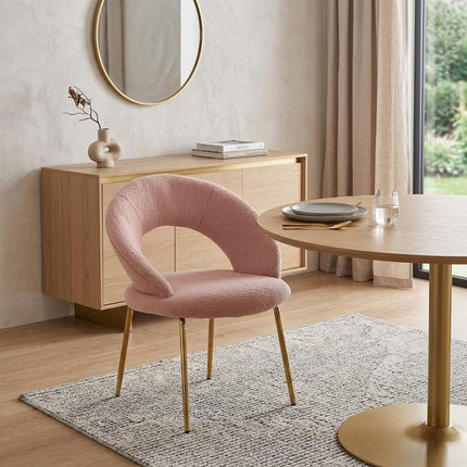 White and Gold Boucle and Metal Curved Back Dining Side Chair