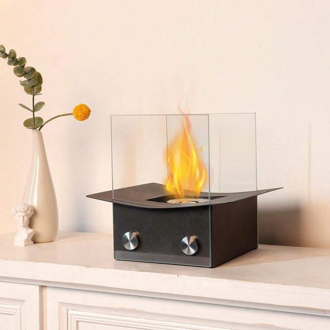 8" Black And Clear Metal And Glass BioEthanol Portable Tabletop Firepit HomeRoots