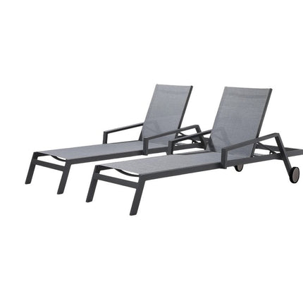 Set of Two Gray Aluminum Three Position Adjustable Sling Outdoor Stacking Chaise Lounges HomeRoots