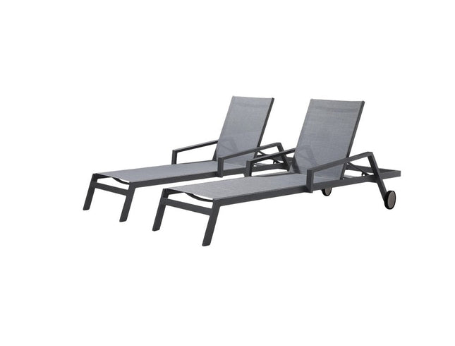 Set of Two Gray Aluminum Three Position Adjustable Sling Outdoor Stacking Chaise Lounges HomeRoots