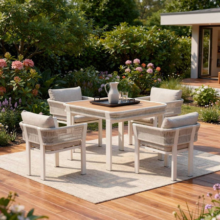 Five Piece Light Brown and Beige Square Solid Wood Dining Set with Four Chairs HomeRoots