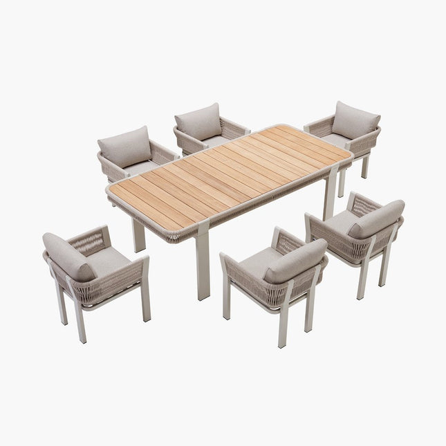 Seven Piece Light Brown and Beige Solid Wood Dining Set with Six Chairs HomeRoots