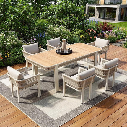 Seven Piece Light Brown and Beige Solid Wood Dining Set with Six Chairs HomeRoots