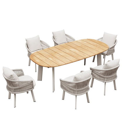 Seven Piece Light Brown and Beige Solid Wood Dining Set with Six Chairs HomeRoots