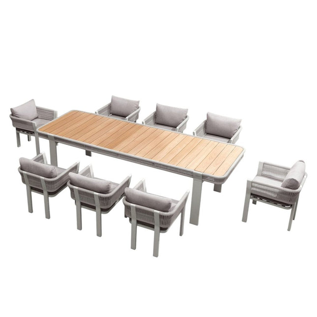 Nine Piece Light Brown and Beige Solid Wood Dining Set with Eight Chairs HomeRoots