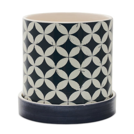 Set of Two Blue And White Ceramic 2 Ounce Striped Round Pot Planters HomeRoots