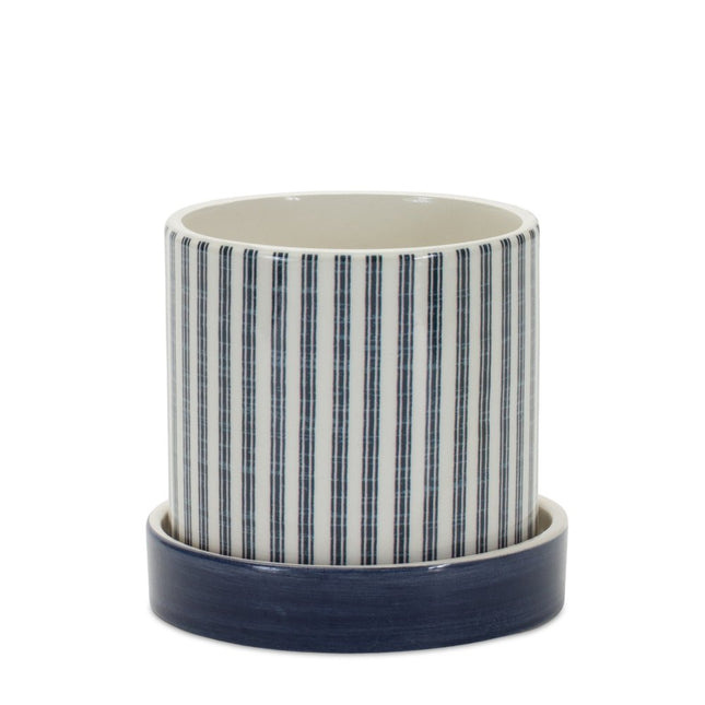 Set of Two Blue And White Ceramic 2 Ounce Striped Round Pot Planters HomeRoots