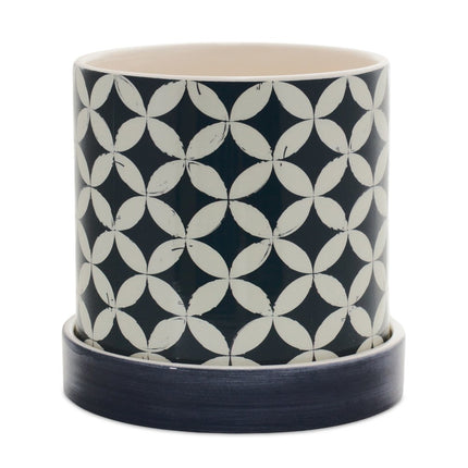 Set of Two Blue And White Ceramic 2 Ounce Striped Round Pot Planters HomeRoots
