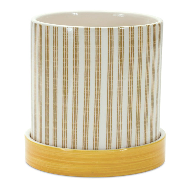 Set of Two Yellow And White Ceramic 2 Ounce Striped Round Pot Planters HomeRoots