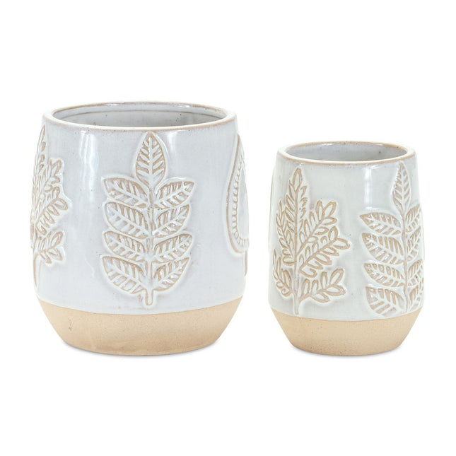 Set of Two Beige And Gray Porcelain 4 Ounce Leaf Round Pot Planters HomeRoots