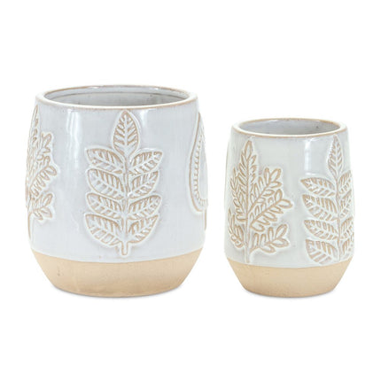 Set of Two Beige And Gray Porcelain 4 Ounce Leaf Round Pot Planters HomeRoots