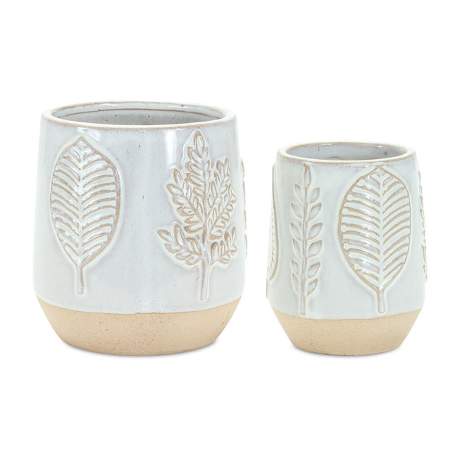 Set of Two Beige And Gray Porcelain 4 Ounce Leaf Round Pot Planters HomeRoots