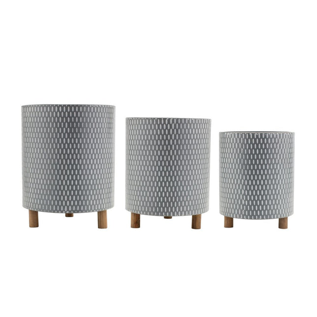 Set of Three Blue White And Gray Wood And Metal 58 Ounce Geometric Round Pot Planters HomeRoots