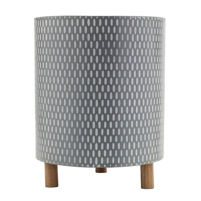 Set of Three Blue White And Gray Wood And Metal 58 Ounce Geometric Round Pot Planters HomeRoots
