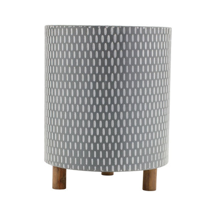 Set of Three Blue White And Gray Wood And Metal 58 Ounce Geometric Round Pot Planters HomeRoots