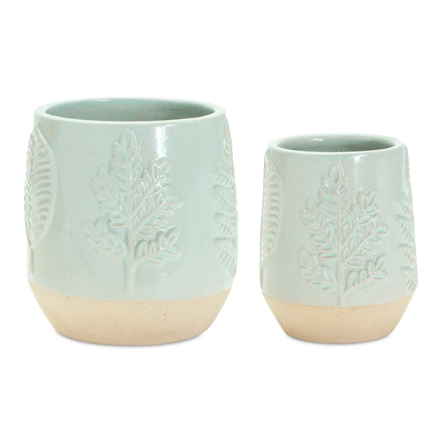 Set of Two Green And Tan Porcelain 3 Ounce Leaf Round Pot Planters HomeRoots