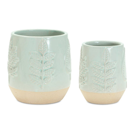 Set of Two Green And Tan Porcelain 3 Ounce Leaf Round Pot Planters HomeRoots
