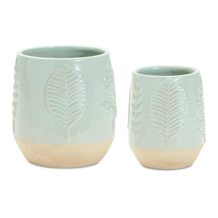 Set of Two Green And Tan Porcelain 3 Ounce Leaf Round Pot Planters HomeRoots