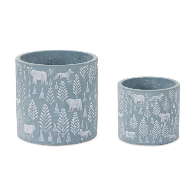 Set of Two Blue And White Cement 4 Ounce Abstract Round Pot Planters HomeRoots