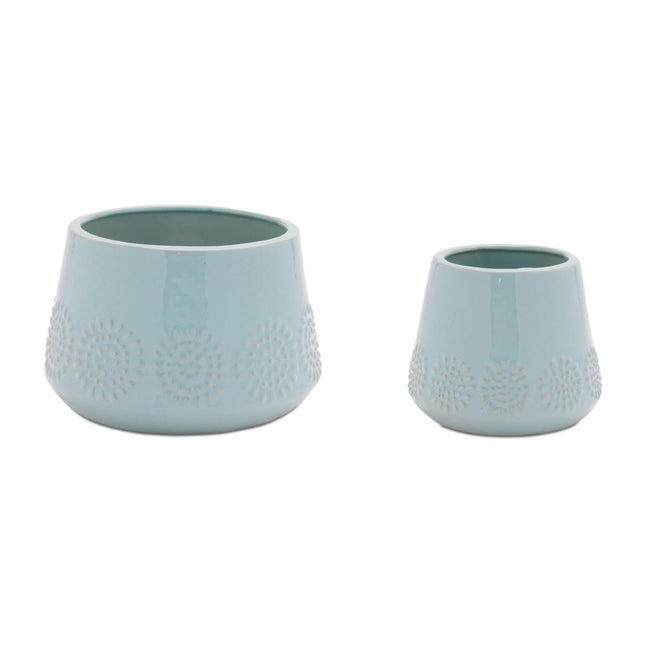 Set of Two Blue Ceramic 8 Ounce Geometric Round Pot Planters HomeRoots