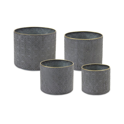 Set of Four Gray Metal 22 Ounce Geometric Round Distressed Pot Planters HomeRoots
