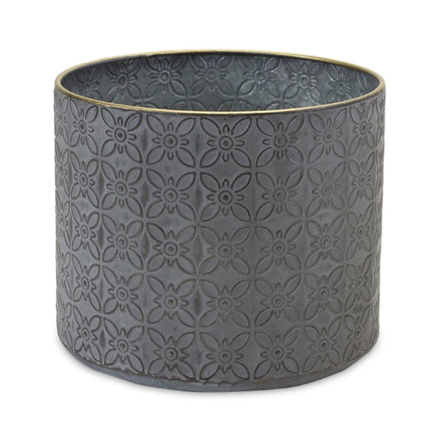 Set of Four Gray Metal 22 Ounce Geometric Round Distressed Pot Planters HomeRoots