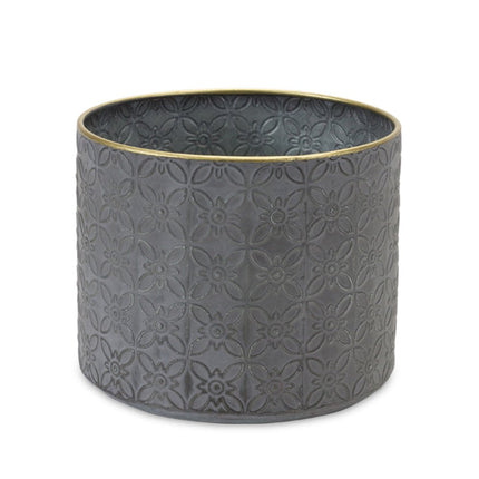 Set of Four Gray Metal 22 Ounce Geometric Round Distressed Pot Planters HomeRoots
