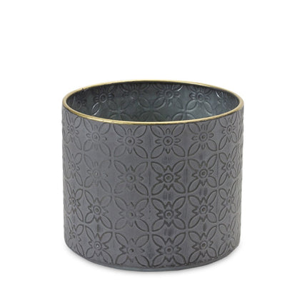 Set of Four Gray Metal 22 Ounce Geometric Round Distressed Pot Planters HomeRoots