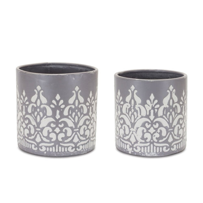 Set of Two Gray And White Metal 11 Ounce Abstract Round Distressed Pot Planters HomeRoots