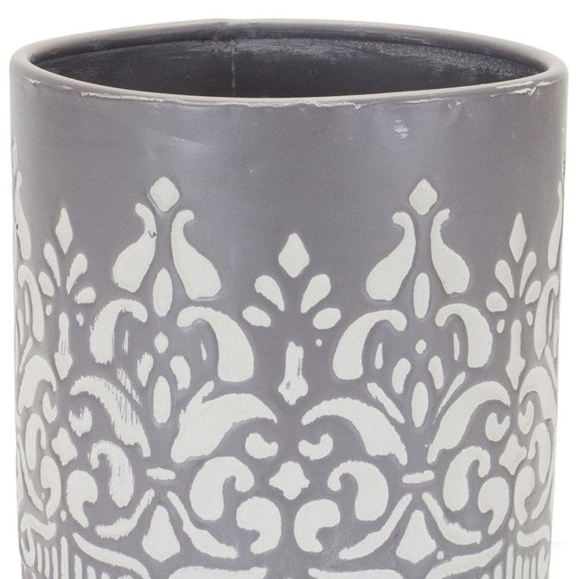 Set of Two Gray And White Metal 11 Ounce Abstract Round Distressed Pot Planters HomeRoots