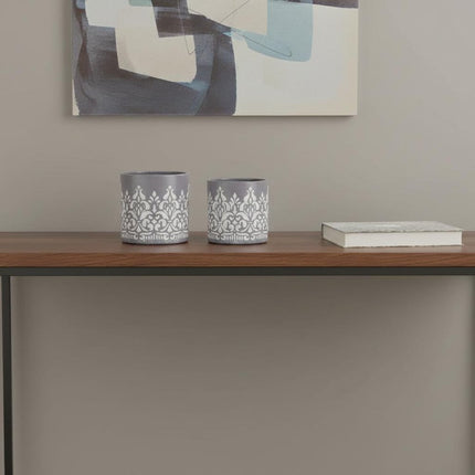 Set of Two Gray And White Metal 11 Ounce Abstract Round Distressed Pot Planters HomeRoots