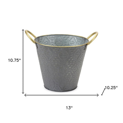 Set of Three Gold And Gray Metal 48 Ounce Geometric Round Distressed Pot Planters HomeRoots