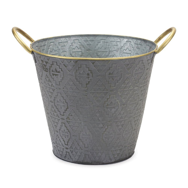 Set of Three Gold And Gray Metal 48 Ounce Geometric Round Distressed Pot Planters HomeRoots