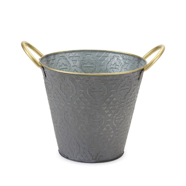 Set of Three Gold And Gray Metal 48 Ounce Geometric Round Distressed Pot Planters HomeRoots