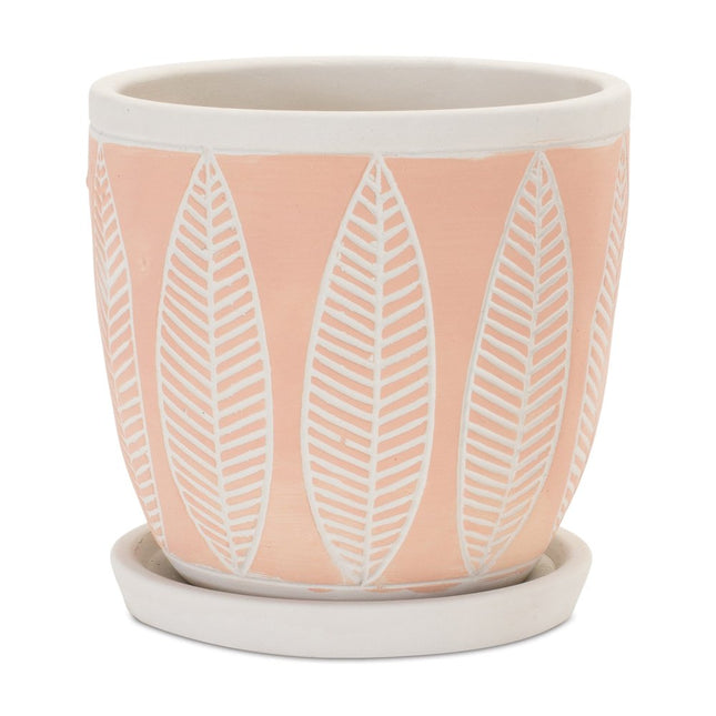 Set of Two Pink And Beige Cement 1 Ounce Leaf Round Pot Planters HomeRoots