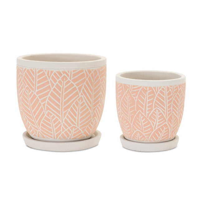 Set of Two Pink And Beige Cement 1 Ounce Leaf Round Pot Planters HomeRoots