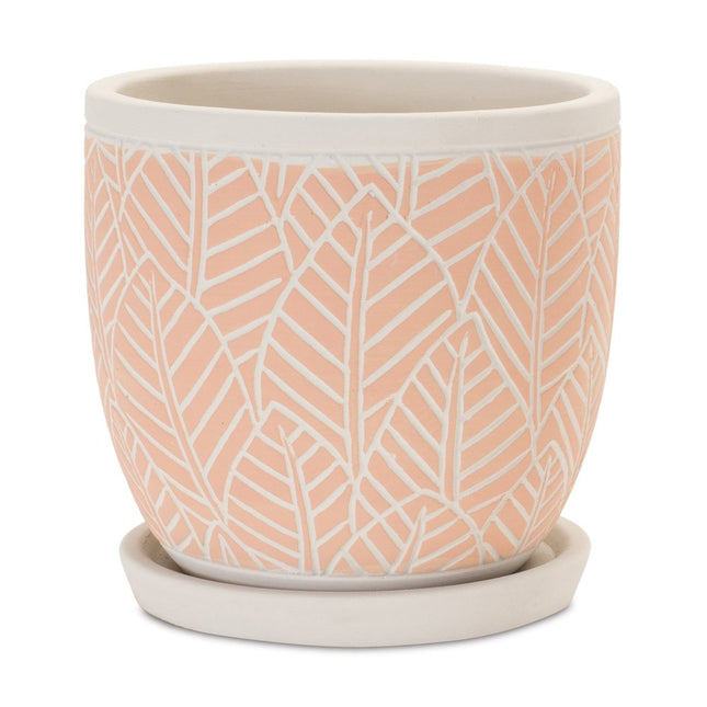 Set of Two Pink And Beige Cement 1 Ounce Leaf Round Pot Planters HomeRoots