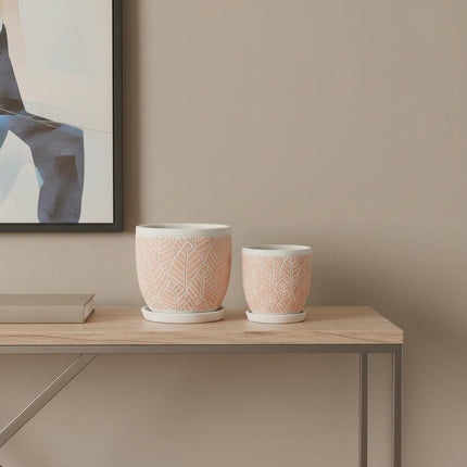 Set of Two Pink And Beige Cement 1 Ounce Leaf Round Pot Planters HomeRoots